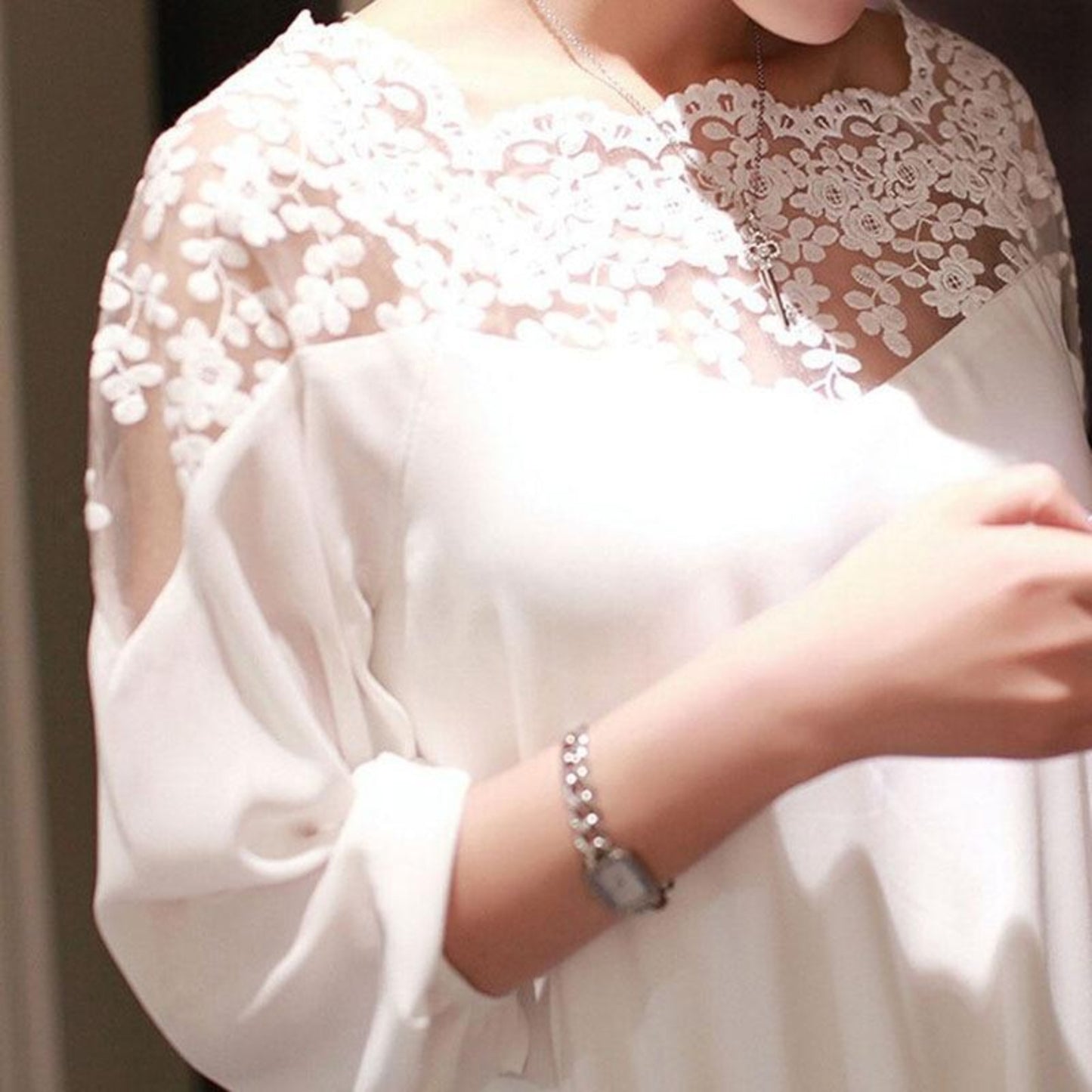 Lace Hollow Collar Chiffon Backless 3/4 Sleeve Blouse - Easy Pickins Store