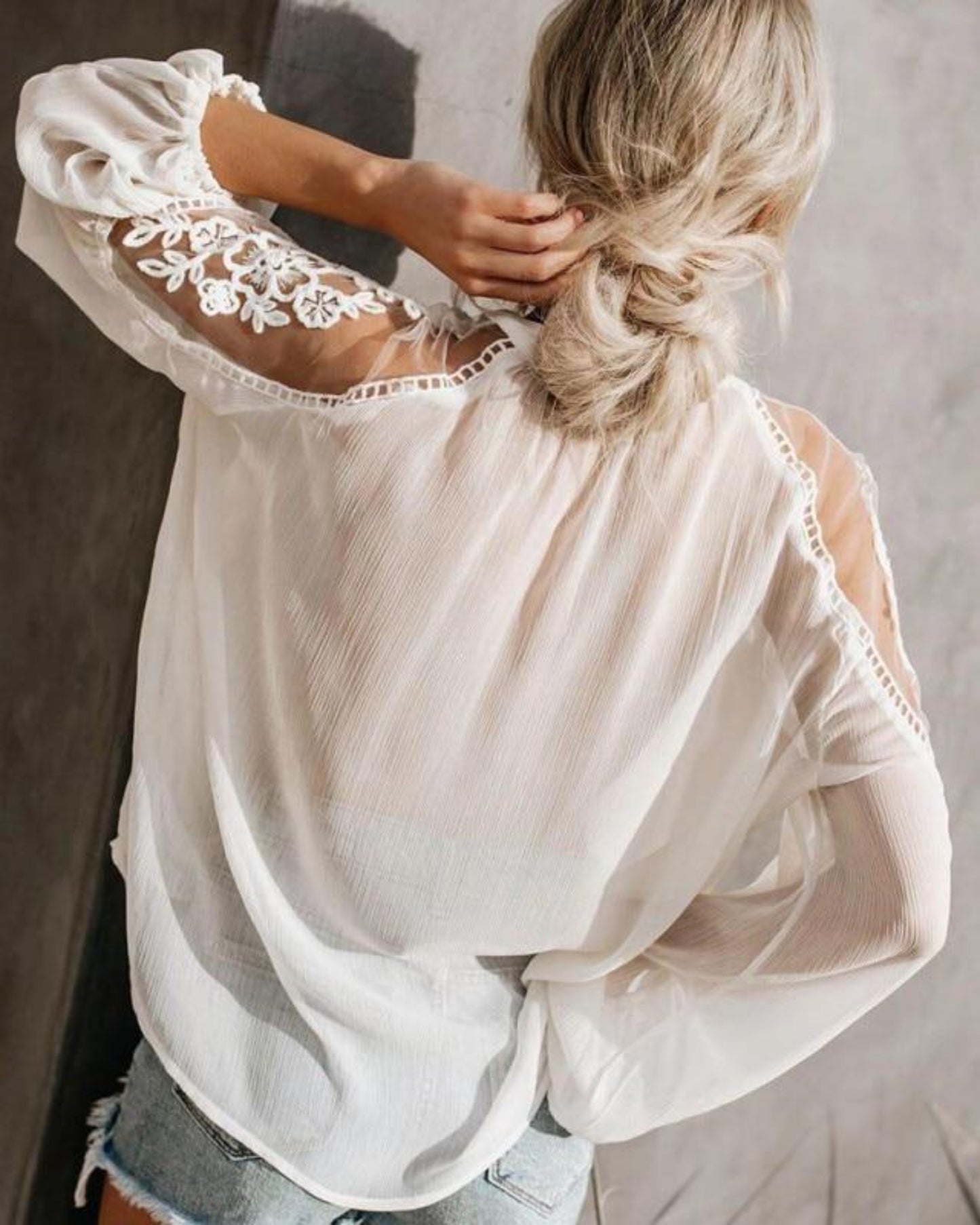 Lace Mesh Embroidery Patchwork Long Sleeve Chiffon Blouse - Easy Pickins Store