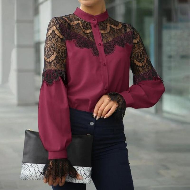 Lace Patchwork Long Sleeve Blouse - Easy Pickins Store