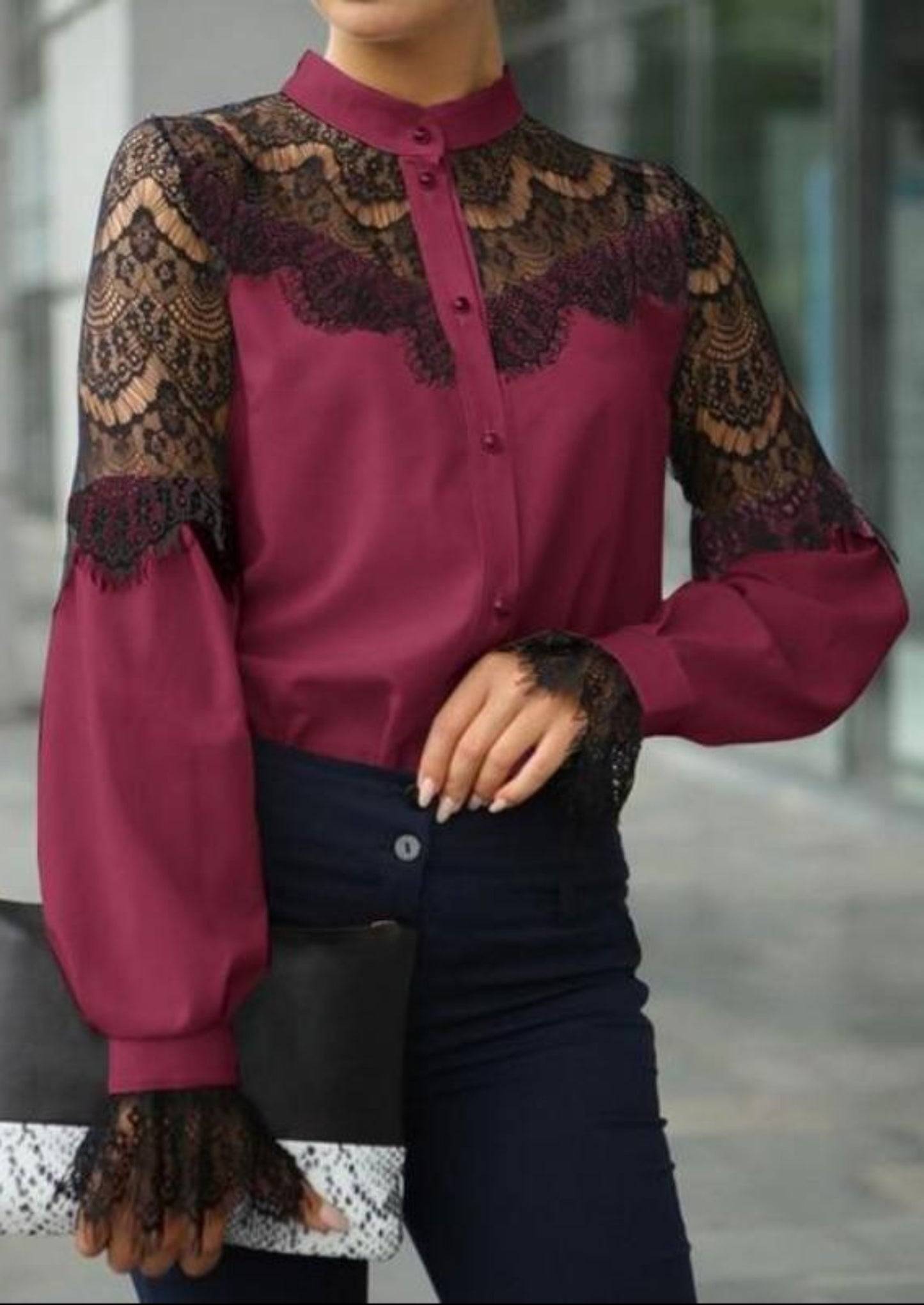 Lace Patchwork Long Sleeve Blouse - Easy Pickins Store