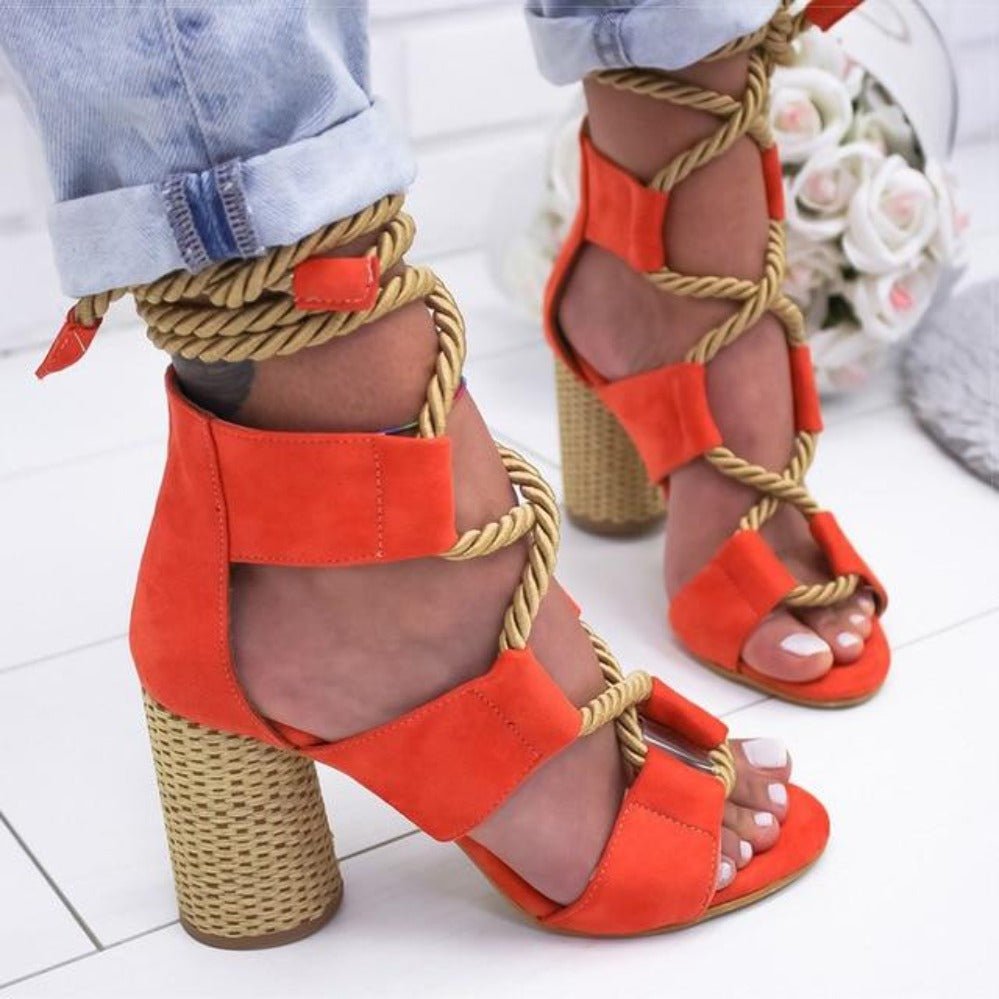 Lace Up High Thick Heels Gladiator Sandals - Easy Pickins Store