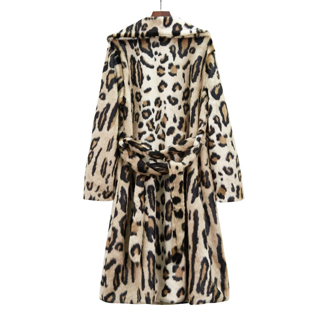 Leopard Print Long Sleeve Long Wool Pellet Coat With Belt - Easy Pickins Store