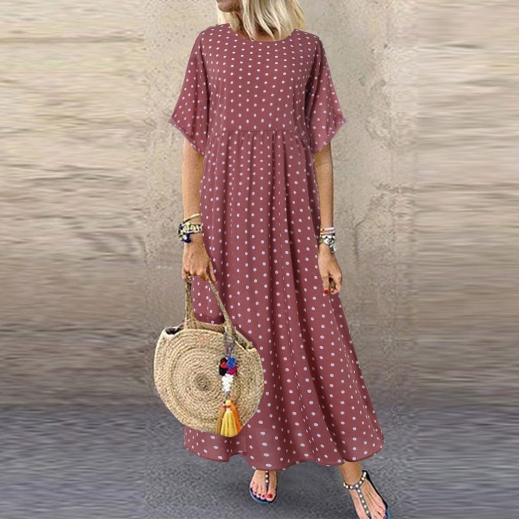 Linen O Neck Dot Dress - Easy Pickins Store