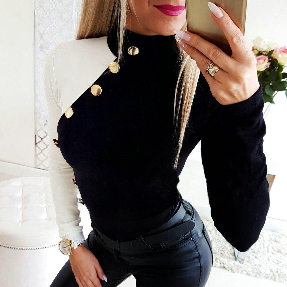 Long Sleeve Contrast Color Metal Button T shirt - Easy Pickins Store