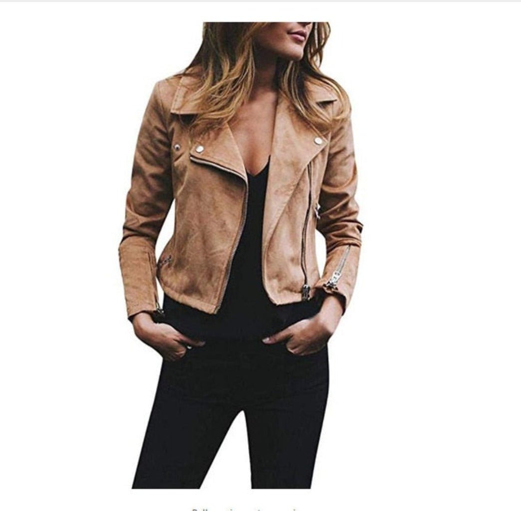 Long Sleeve Diagonal Zipper Thin Suede Bomber Jacket - Easy Pickins Store