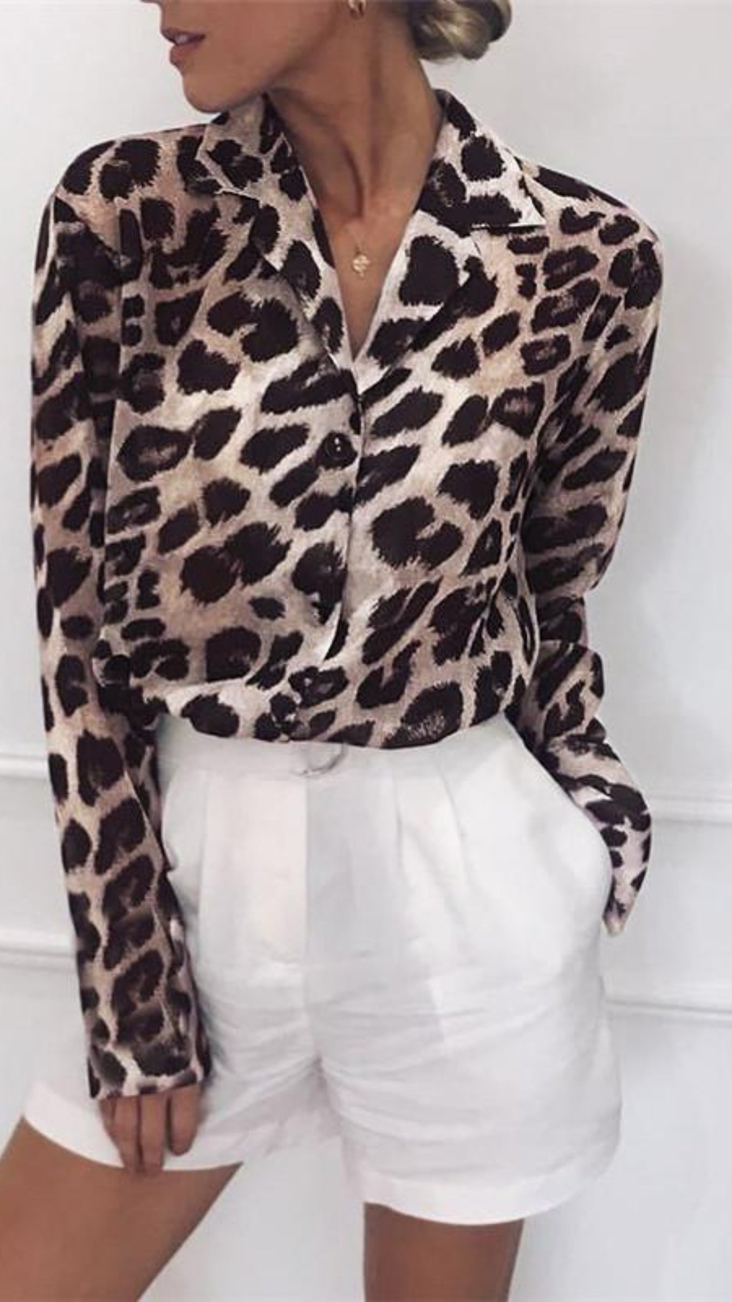 Long Sleeve Leopard Turn Down Collar Blouse - Easy Pickins Store