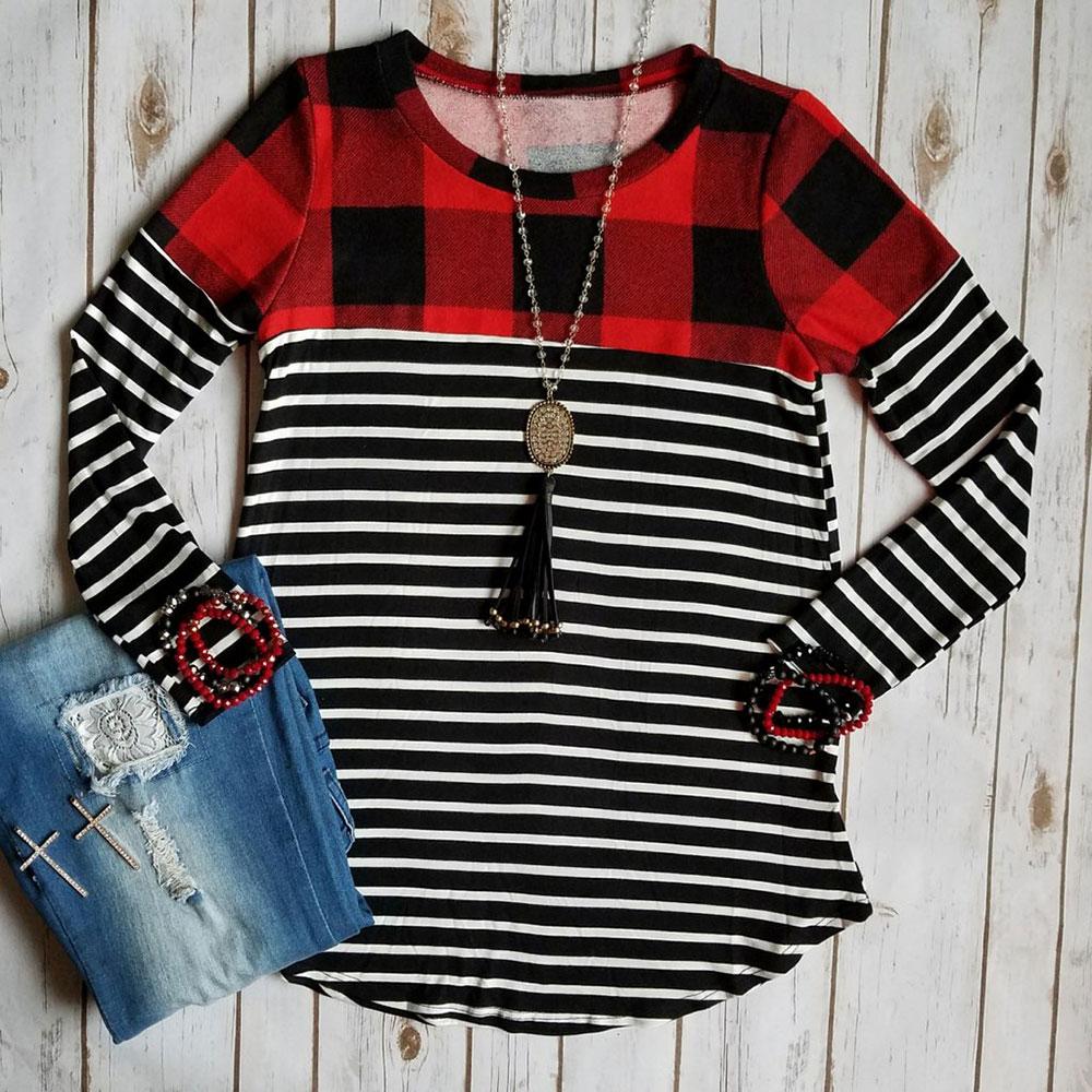 Long Sleeve T Shirt Plaid Striped - Easy Pickins Store