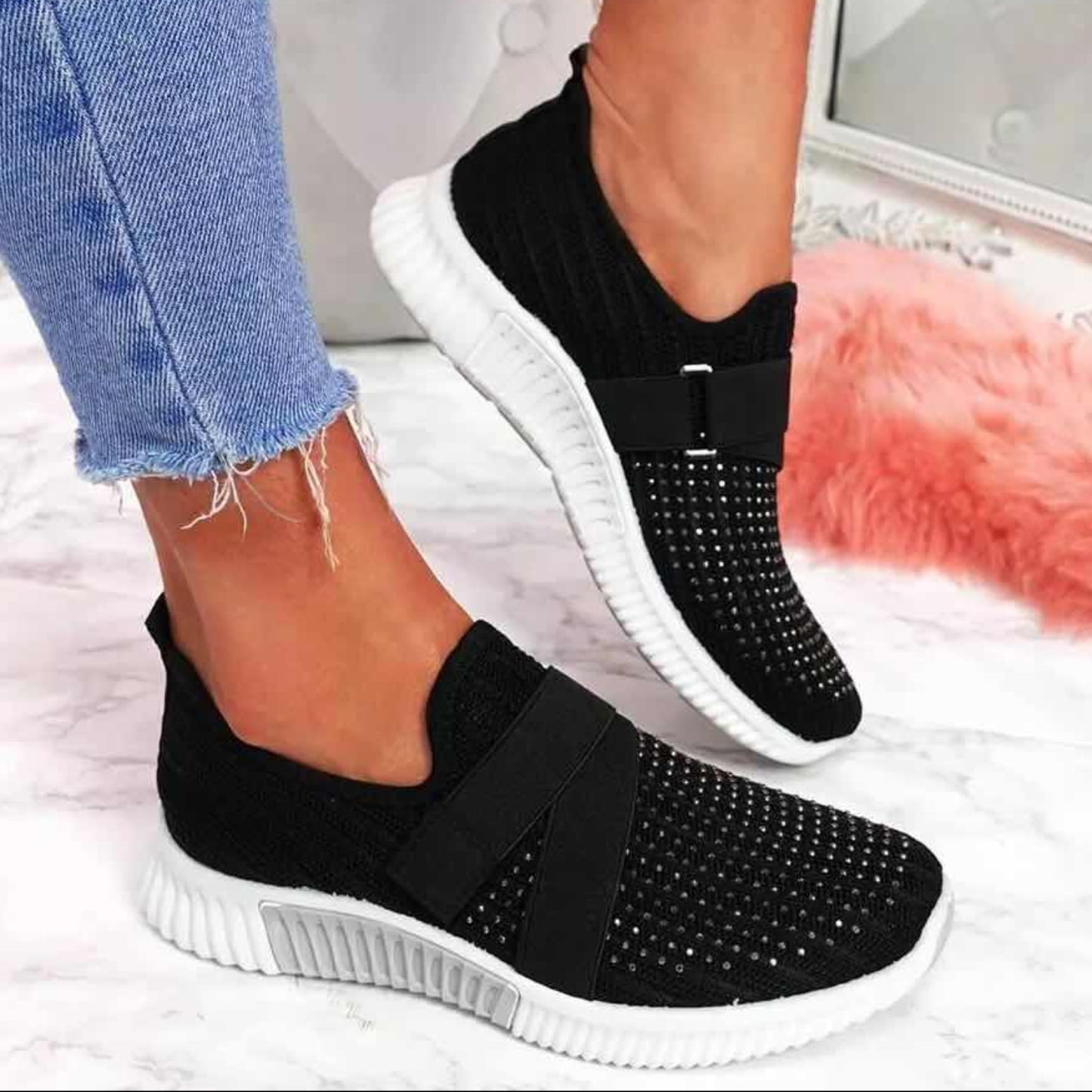 Mesh Breathable Rhinestone Platform Vulcanized Lightweight Sneakers - Easy Pickins Store