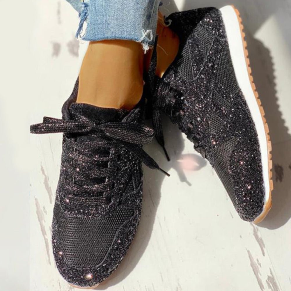 Mesh Glitter Lace Up Bling Platform Vulcanized Sneakers - Easy Pickins Store