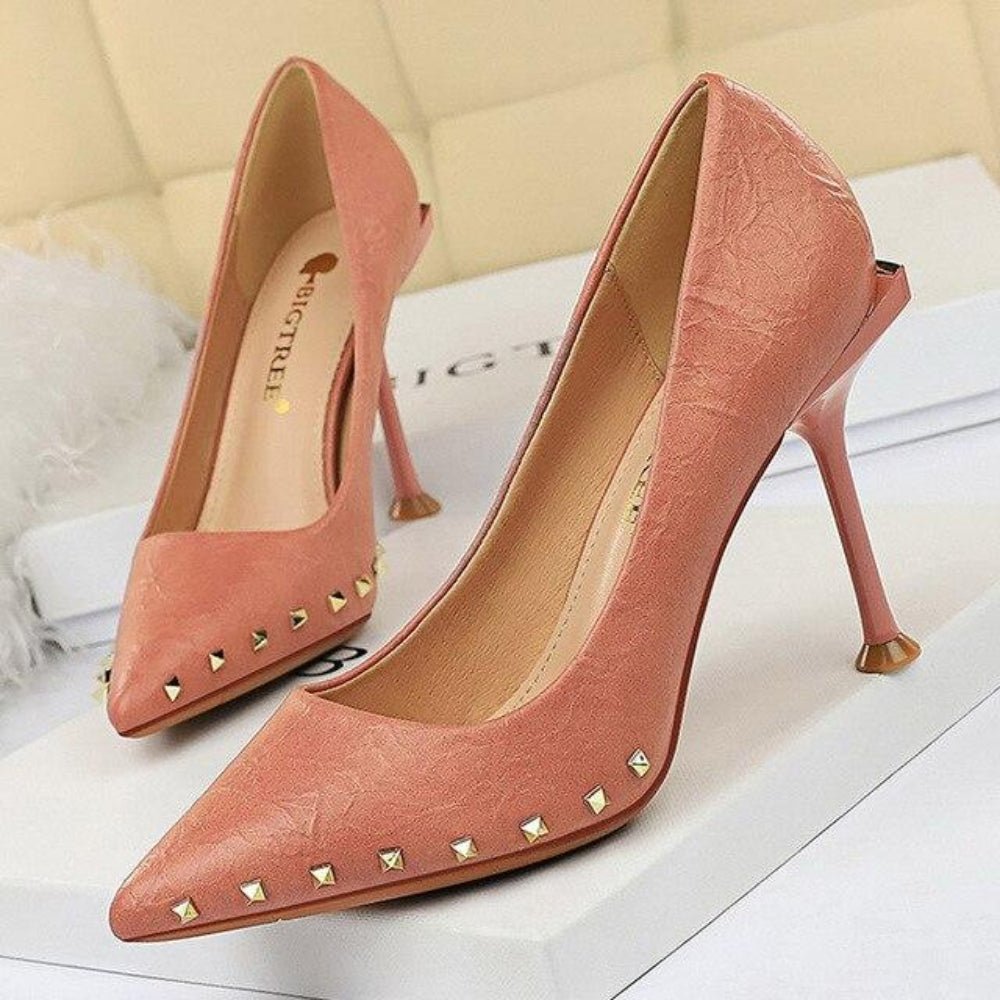 Metal Rivet Women Pumps Leather High Heels - Easy Pickins Store