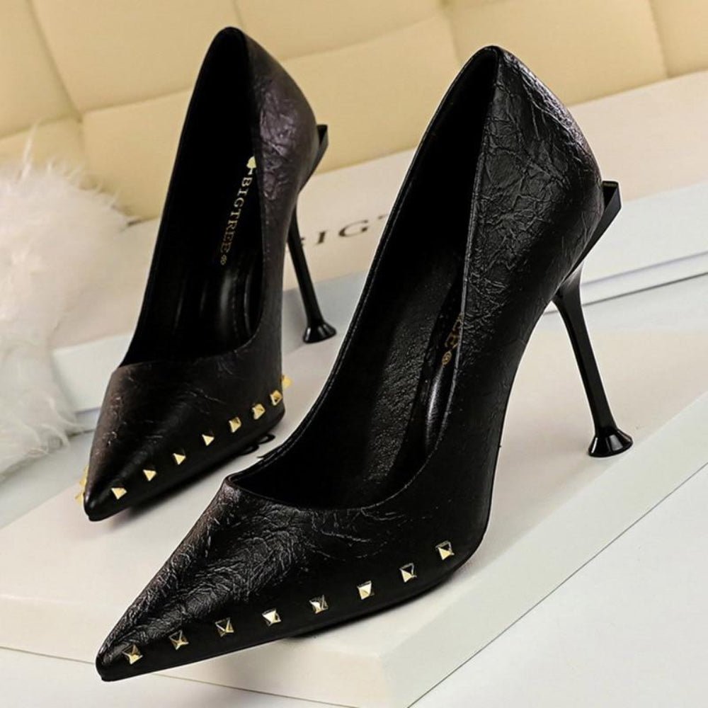 Metal Rivet Women Pumps Leather High Heels - Easy Pickins Store