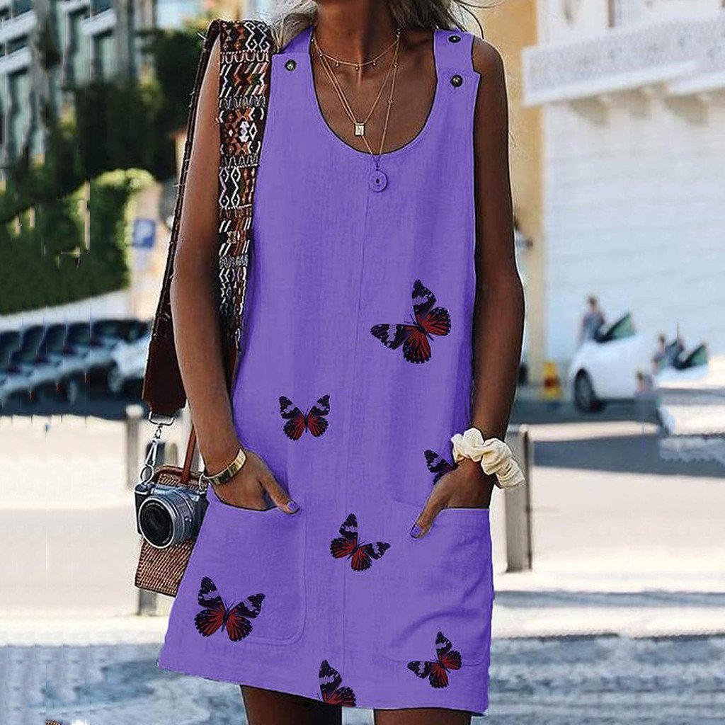 O Neck Sleeveless Shoulder Clasp Butterfly Print Dress - Easy Pickins Store