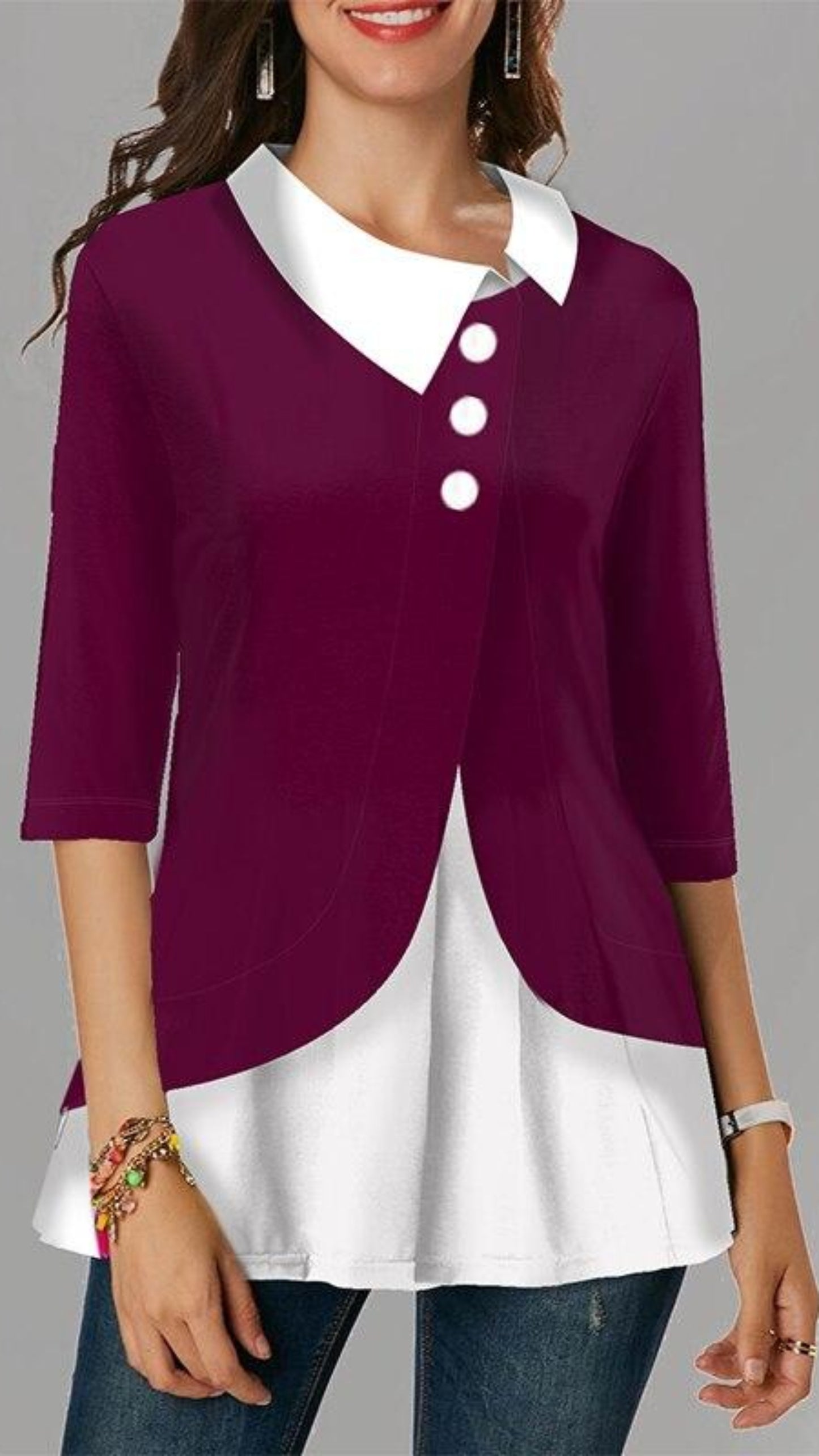 Patchwork Tunic Turn Down Collar Three Quarter Cotton - Easy Pickins Store