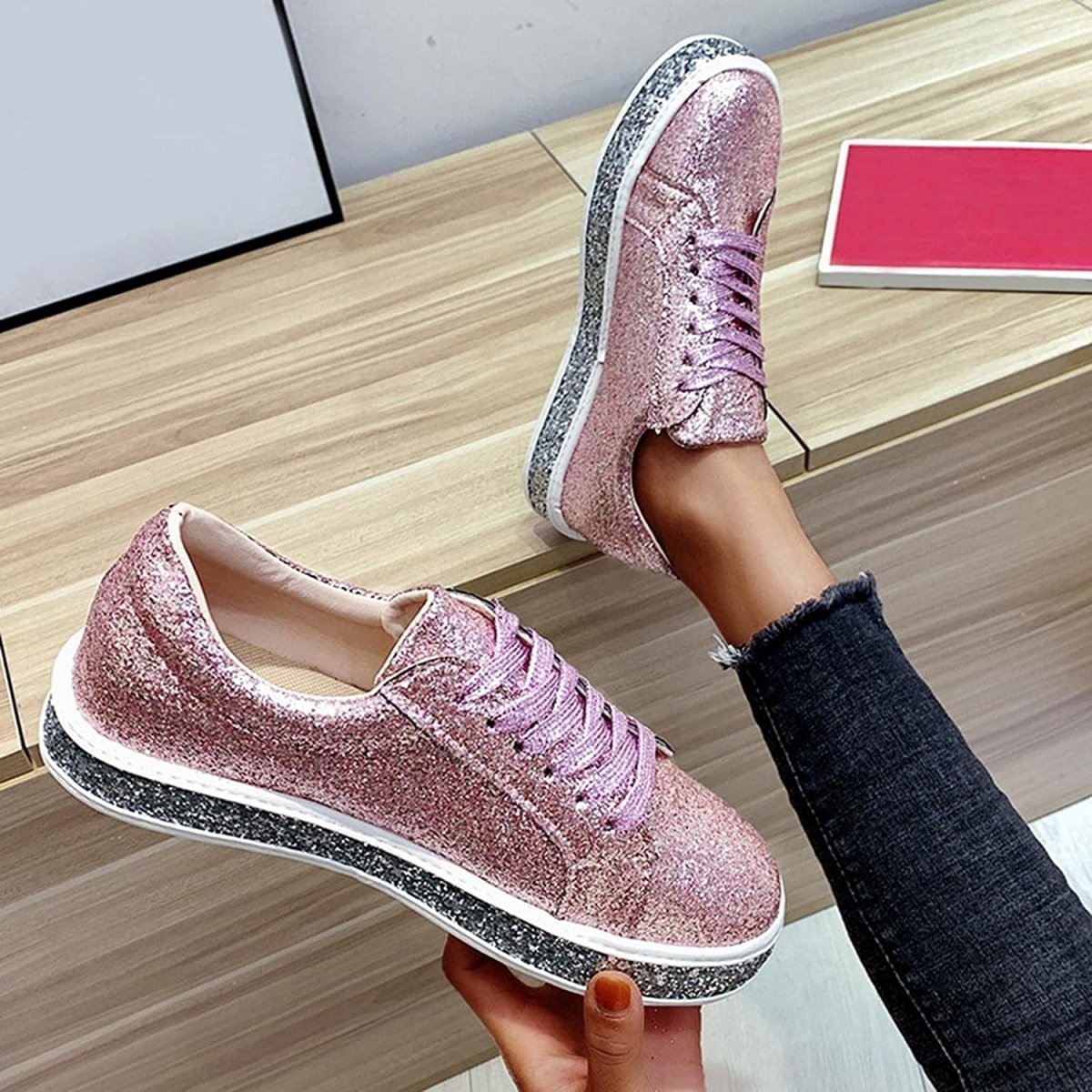 Platform Glitter Sequin Lace Up Bottom Slip On Trendy Leather Sneakers - Easy Pickins Store