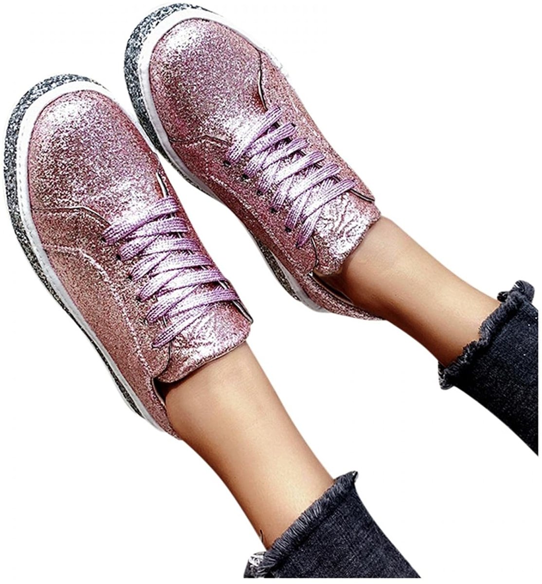 Platform Glitter Sequin Lace Up Bottom Slip On Trendy Leather Sneakers - Easy Pickins Store