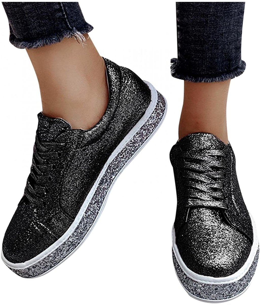 Platform Glitter Sequin Lace Up Bottom Slip On Trendy Leather Sneakers - Easy Pickins Store