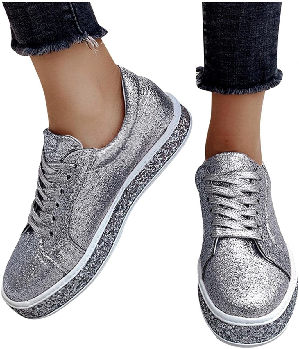 Platform Glitter Sequin Lace Up Bottom Slip On Trendy Leather Sneakers - Easy Pickins Store