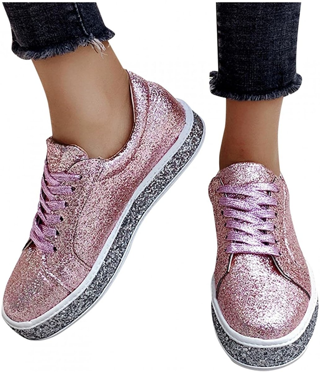 Platform Glitter Sequin Lace Up Bottom Slip On Trendy Leather Sneakers - Easy Pickins Store