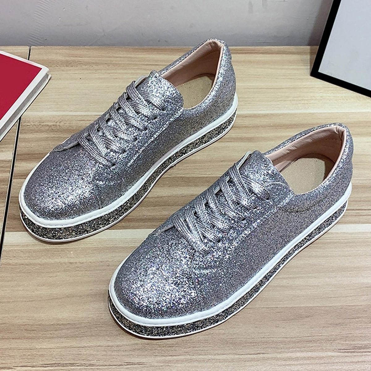 Platform Glitter Sequin Lace Up Bottom Slip On Trendy Leather Sneakers - Easy Pickins Store