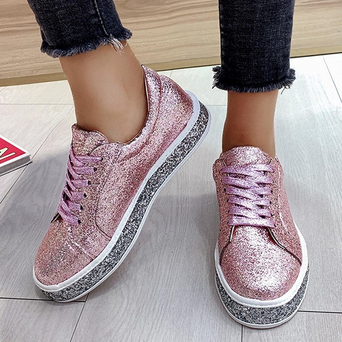 Platform Glitter Sequin Lace Up Bottom Slip On Trendy Leather Sneakers - Easy Pickins Store