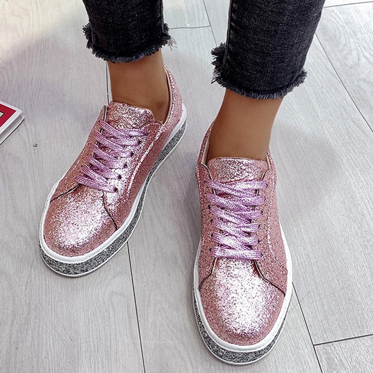 Platform Glitter Sequin Lace Up Bottom Slip On Trendy Leather Sneakers - Easy Pickins Store
