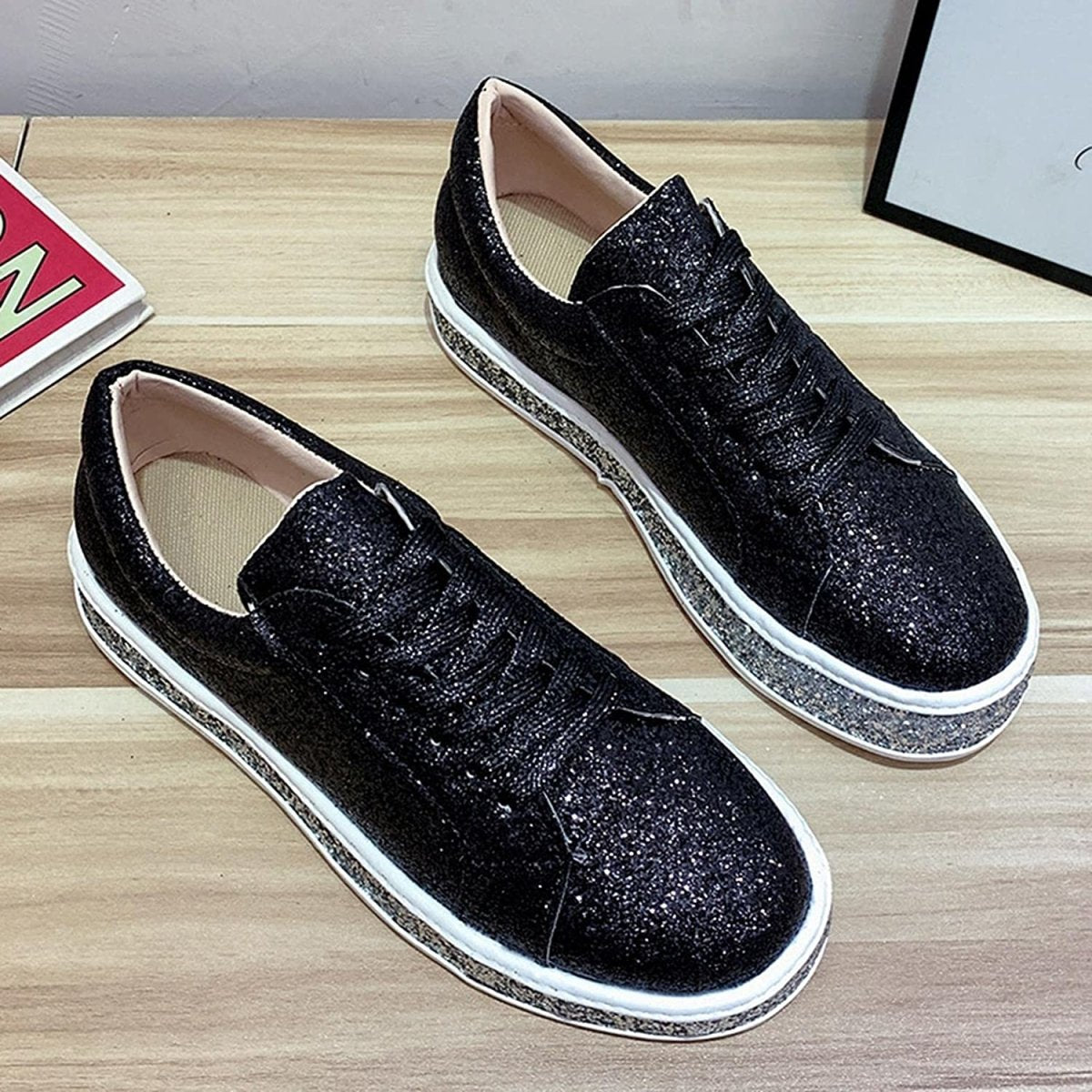 Platform Glitter Sequin Lace Up Bottom Slip On Trendy Leather Sneakers - Easy Pickins Store
