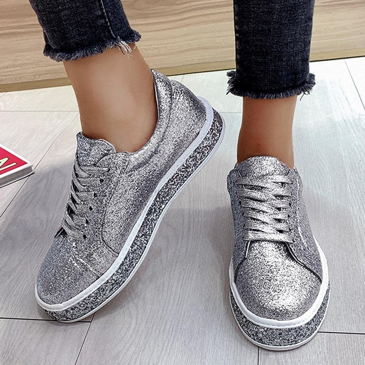 Platform Glitter Sequin Lace Up Bottom Slip On Trendy Leather Sneakers - Easy Pickins Store