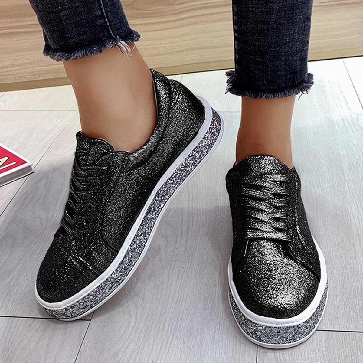 Platform Glitter Sequin Lace Up Bottom Slip On Trendy Leather Sneakers - Easy Pickins Store