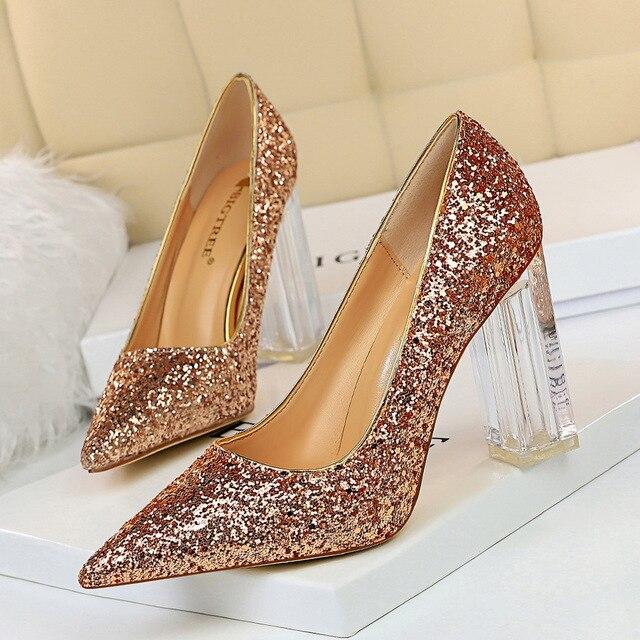 Pointed Toe Pumps Transparent Crystal Glitter High Heels - Easy Pickins Store