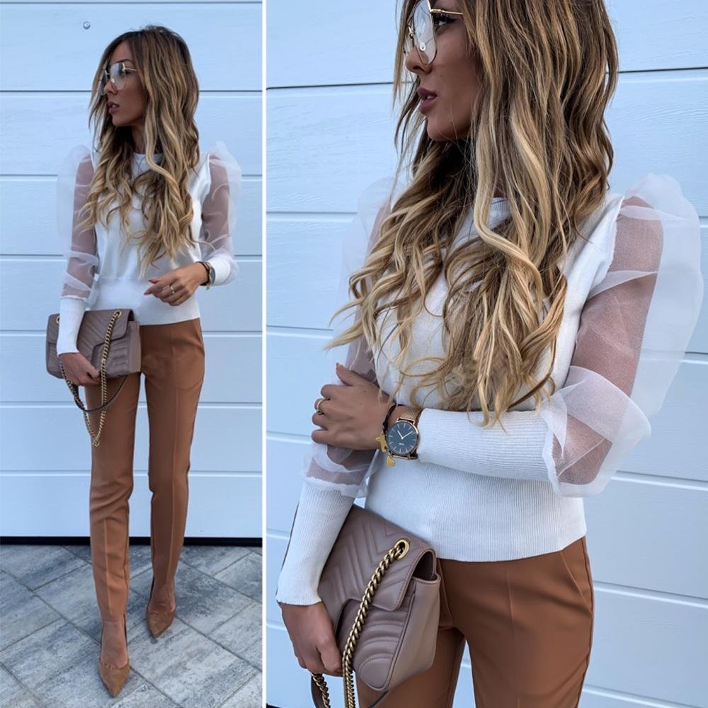 Puff Mesh Long Sleeve Blouse - Easy Pickins Store