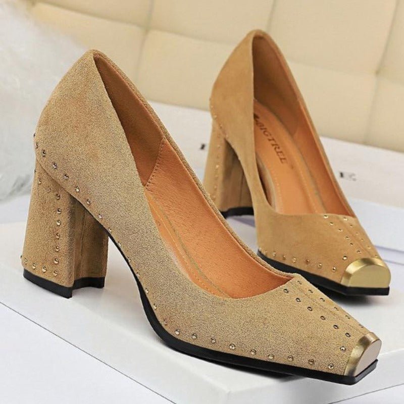 Pumps Rivet Metal Square Heels Flock - Easy Pickins Store