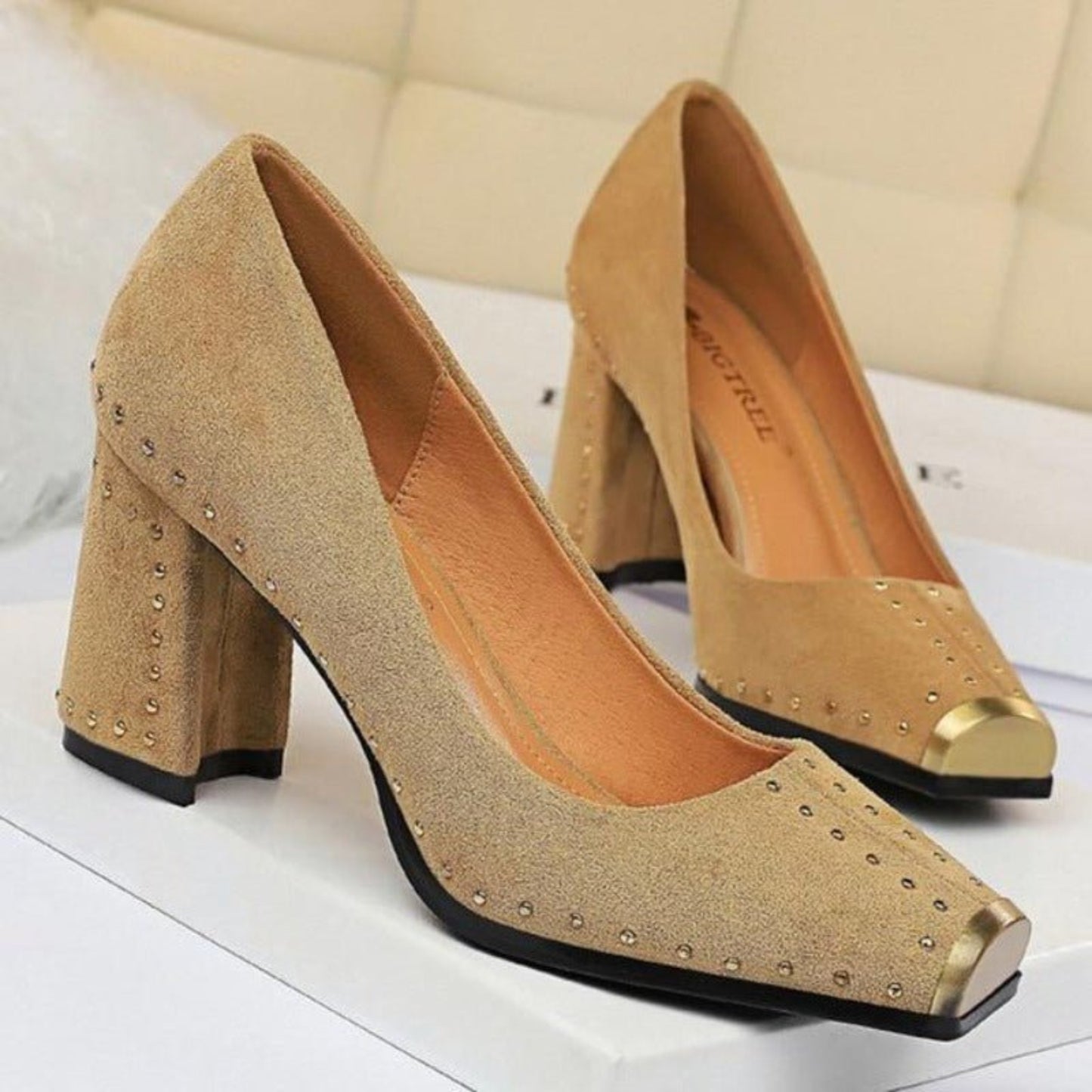 Pumps Rivet Metal Square Heels Flock - Easy Pickins Store