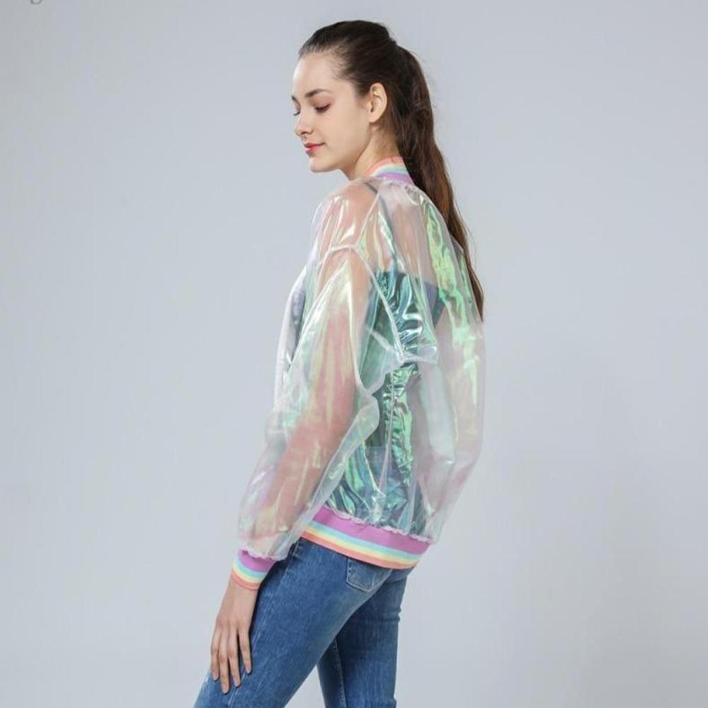 Rainbow Symphony Hologram Transparent Bomber Jacket - Easy Pickins Store