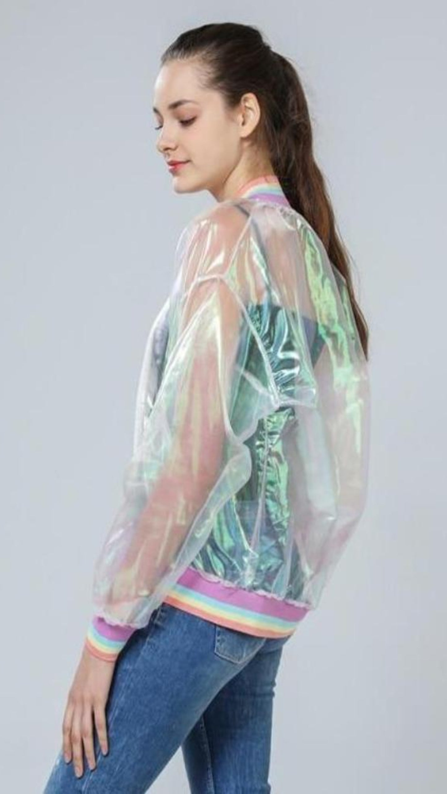 Rainbow Symphony Hologram Transparent Bomber Jacket - Easy Pickins Store