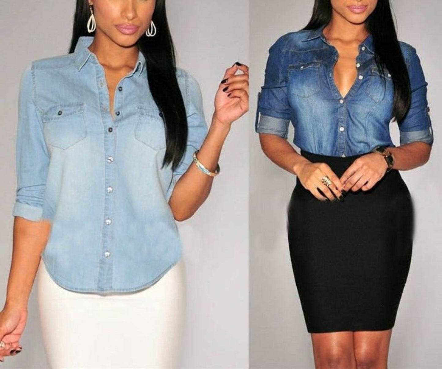 Retro Blue Jean Soft Denim Adjustable Long Sleeve Blouse - Easy Pickins Store