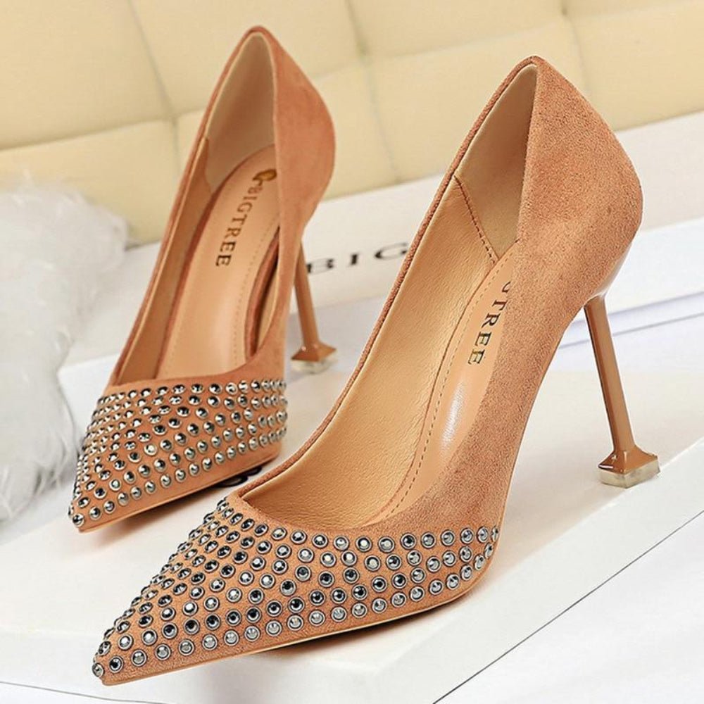 Rivet Rhinestone Suede High Heels Women Pumps - Easy Pickins Store