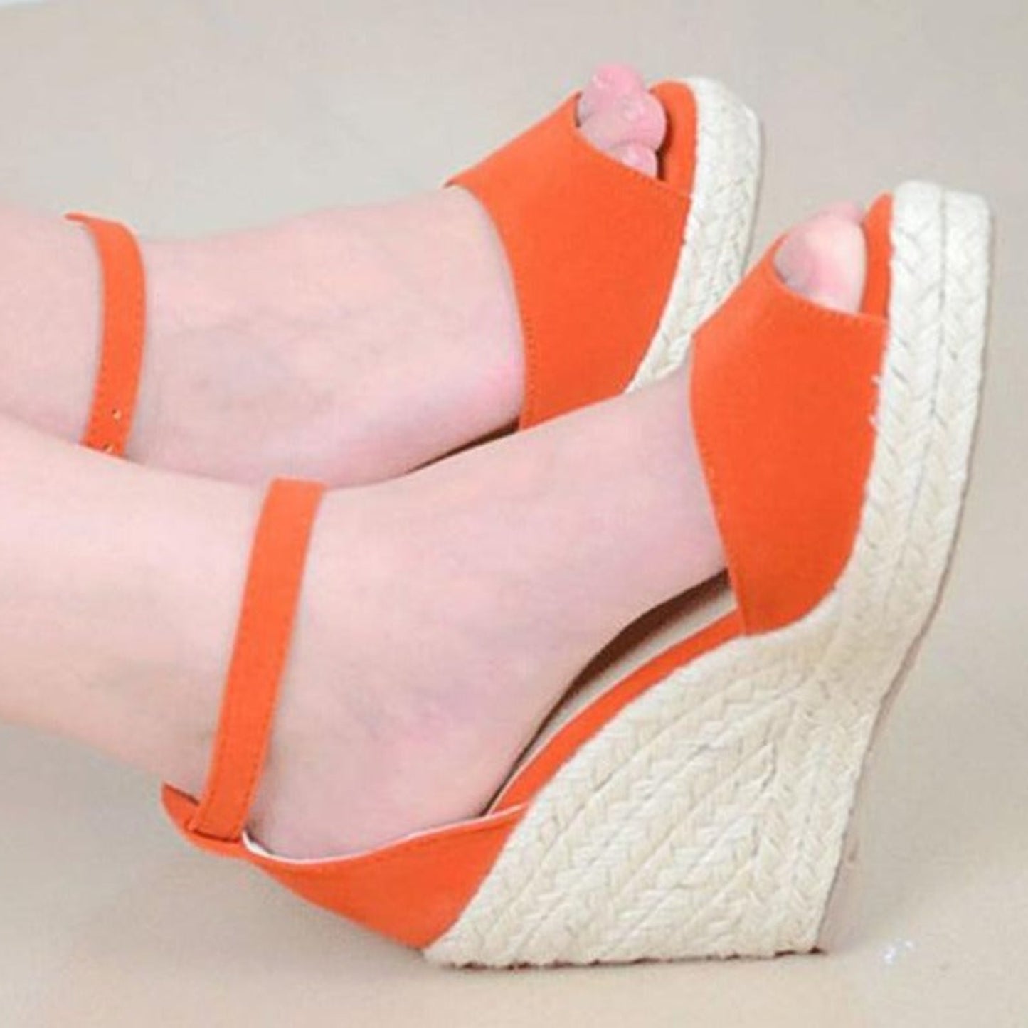 Sandals Ankle Strap Straw Platform Wedges Flock High Heels Cover Heel - Easy Pickins Store