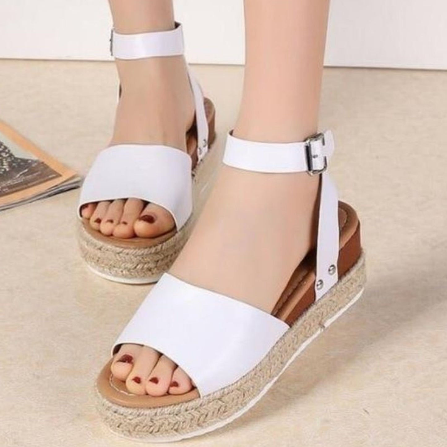 Sandals Vintage Leather Wedge Chunky Mid Heels Peep Toe - Easy Pickins Store