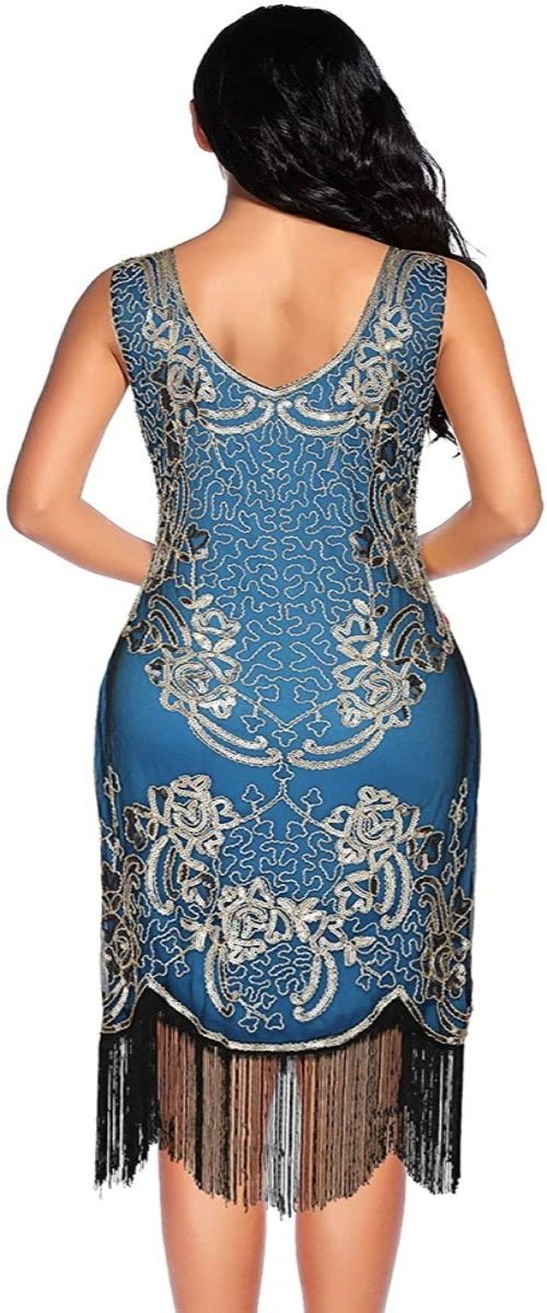 Sequin Beaded V Neck Tassels Hem Great Gatsby Cocktail Dress - Easy Pickins Store