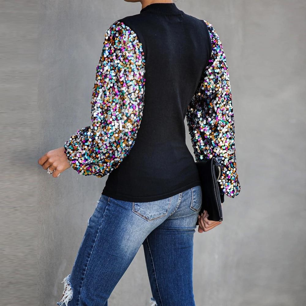 Sequins Blouse Puff Sleeve Turtleneck Casual Shirt Solid Black Long Sleeve - Easy Pickins Store