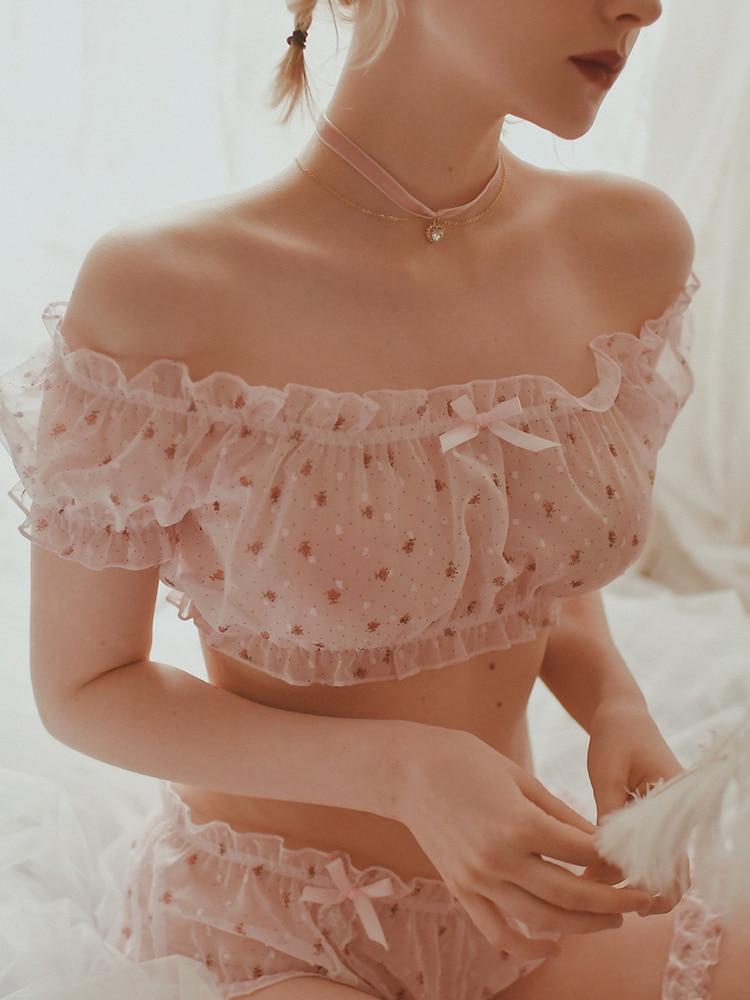 Sheer Ultra Thin Gauze Ruffles Off Shoulder Underwear - Easy Pickins Store