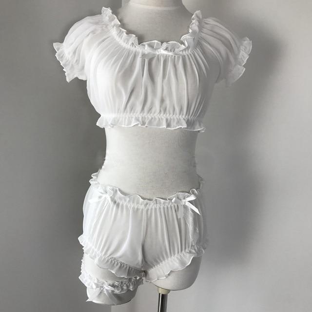 Sheer Ultra Thin Gauze Ruffles Off Shoulder Underwear - Easy Pickins Store