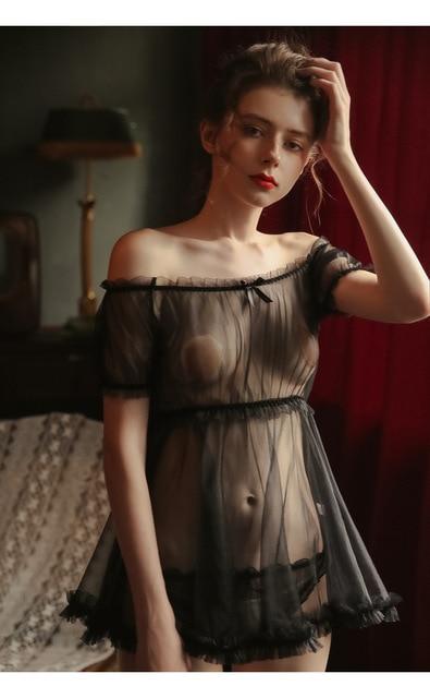Sheer Ultra Thin Gauze Ruffles Off Shoulder Underwear - Easy Pickins Store