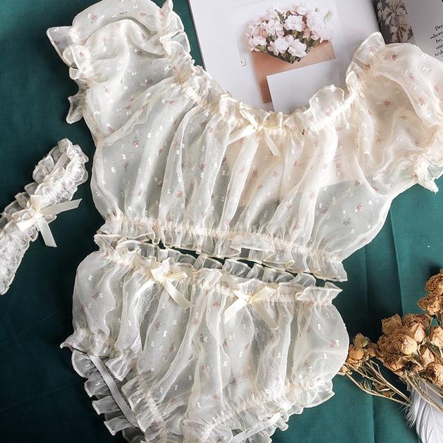 Sheer Ultra Thin Gauze Ruffles Off Shoulder Underwear - Easy Pickins Store
