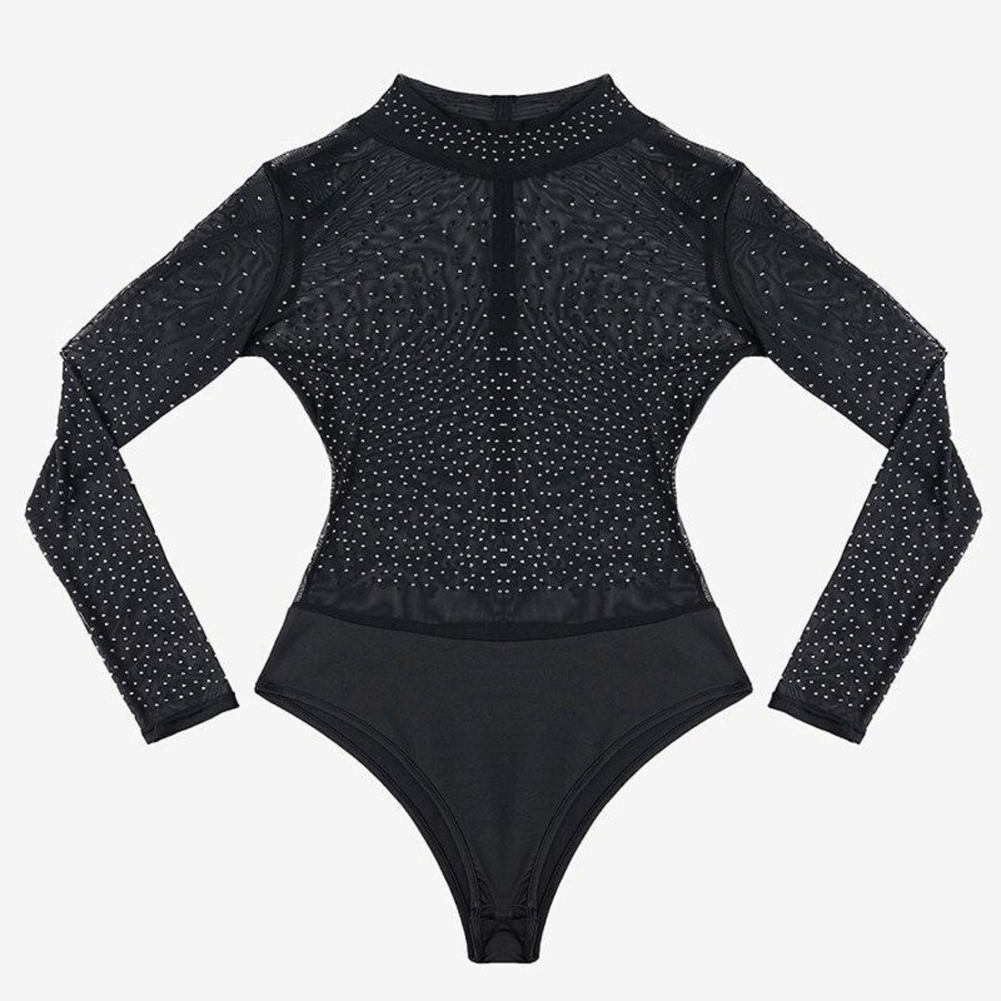 Shining Diamond Sheer Mesh Long Sleeve Mock Neck Bodysuit - Easy Pickins Store