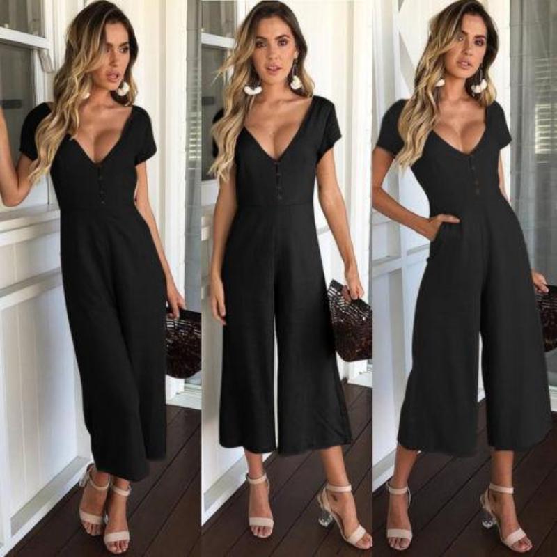 Short Sleeve V neck High Waist Loose Jumpsuit - Easy Pickins Store