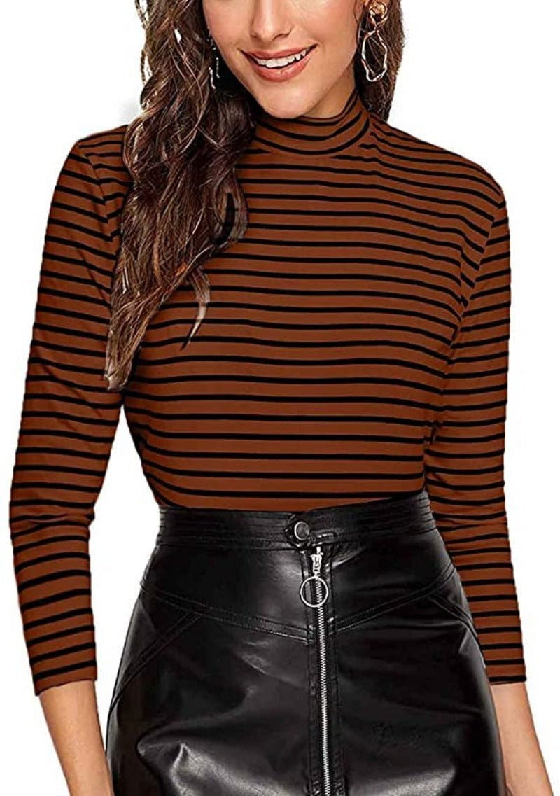 Slim Fit Mock Neck High Neck Striped Rib Knit T-Shirt - Easy Pickins Store