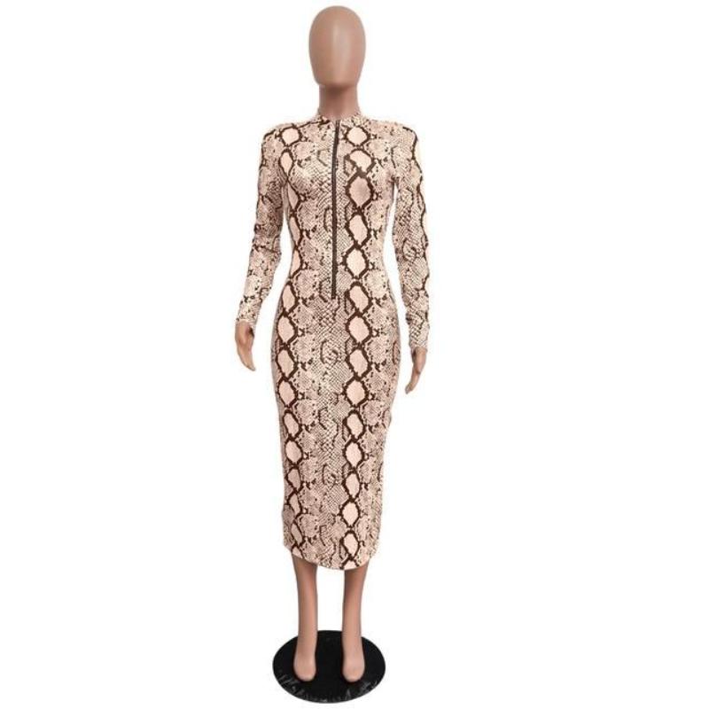 Snake Print Long Sleeve Zipper Bodycon Long Dress - Easy Pickins Store