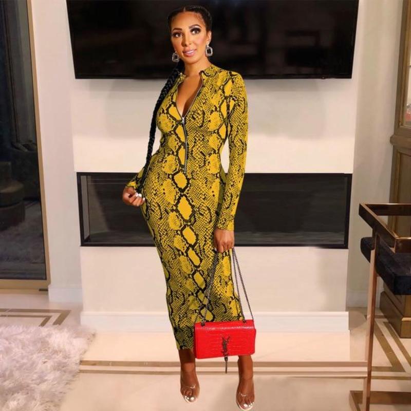 Snake Print Long Sleeve Zipper Bodycon Long Dress - Easy Pickins Store