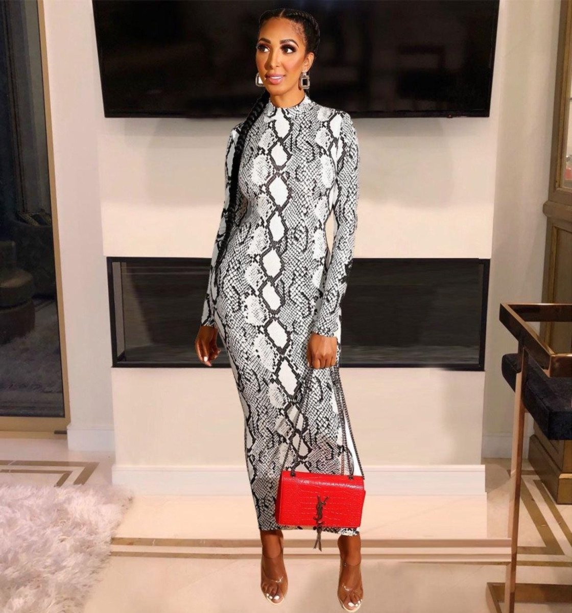 Snake Print Long Sleeve Zipper Bodycon Long Dress - Easy Pickins Store